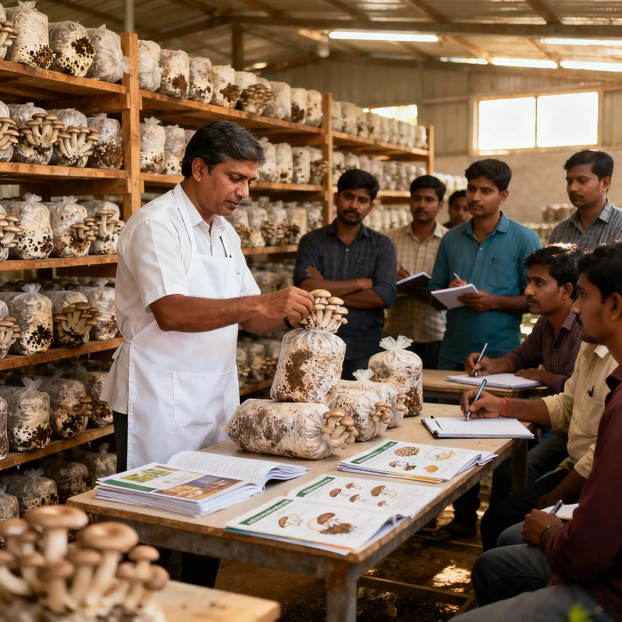 People learning and working with mushrooms